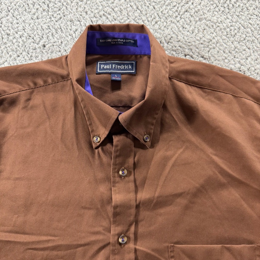 Paul Fredrick Mens Slim Fit Brown Cotton Button Down Shirt Purple Trim Large